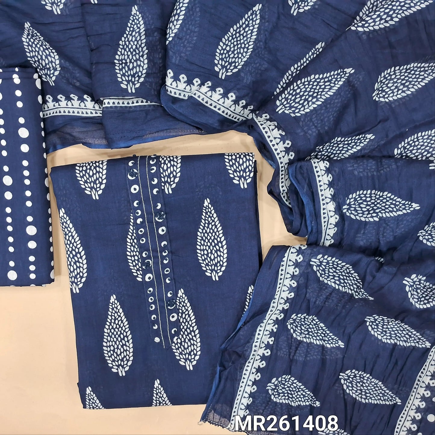 Dark blue pure soft cotton unstitched salwar material(thin,lining optional) french knot work on yoke,printed all over, printed cotton bottom, printed crinkled pure soft cotton dupatta. MR261408