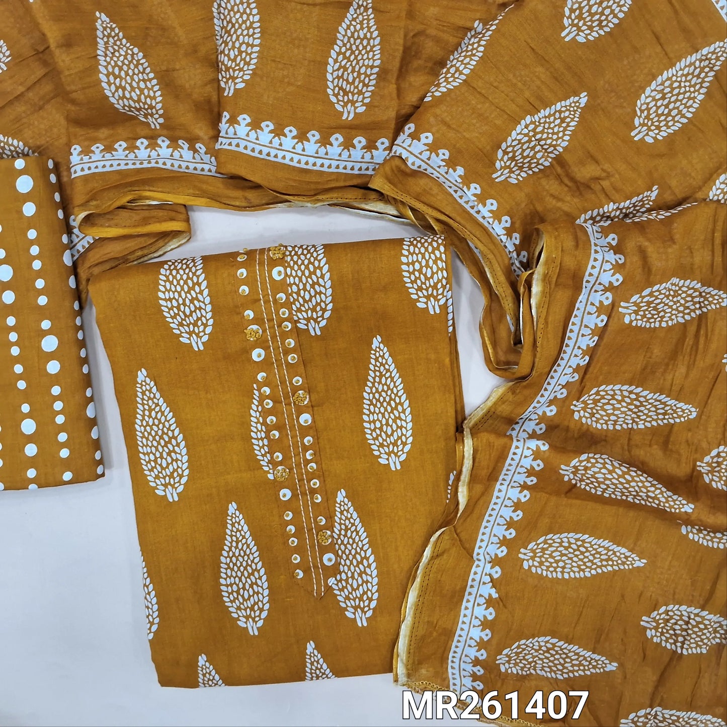 Mehandhi yellow pure soft cotton unstitched salwar material(thin,lining optional) french knot work on yoke,printed all over, printed cotton bottom, printed crinkled pure soft cotton dupatta. MR261407