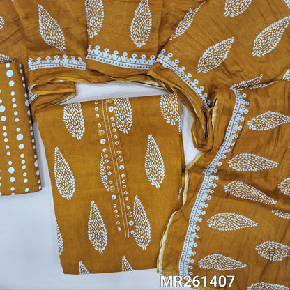 Mehandhi yellow pure soft cotton unstitched salwar material(thin,lining optional) french knot work on yoke,printed all over, printed cotton bottom, printed crinkled pure soft cotton dupatta. MR261407