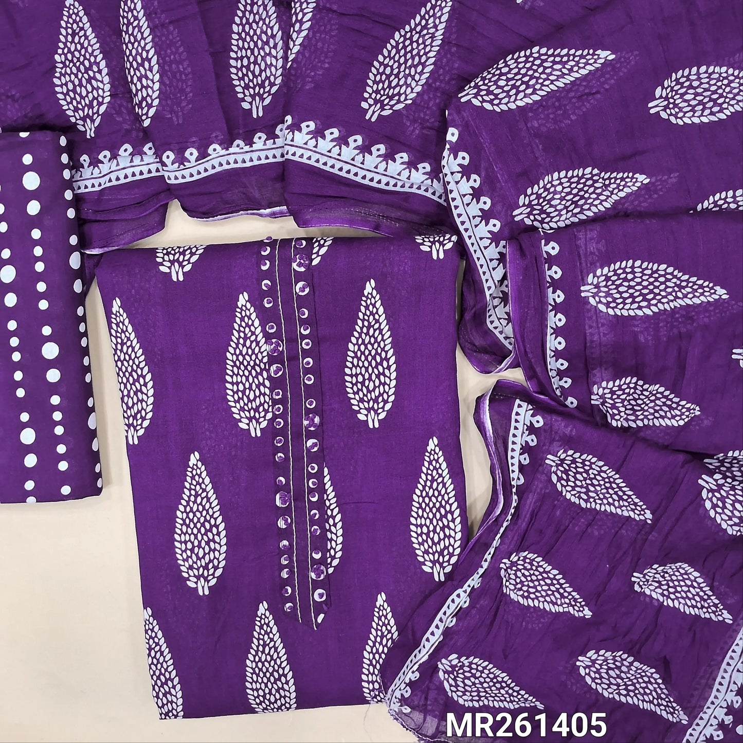 Dark purple pure soft cotton unstitched salwar material(thin,lining optional) french knot work on yoke,printed all over, printed cotton bottom, printed crinkled pure soft cotton dupatta. MR261405