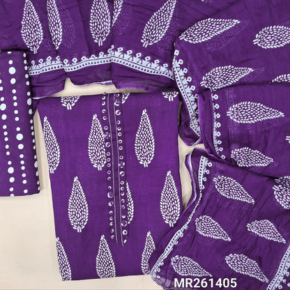 Dark purple pure soft cotton unstitched salwar material(thin,lining optional) french knot work on yoke,printed all over, printed cotton bottom, printed crinkled pure soft cotton dupatta. MR261405