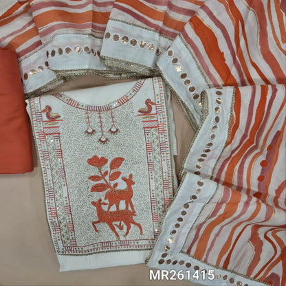 Half white base premium silk cotton unstitched salwar material, zari and thread embroidery on yoke, (lining needed)dark peachish pink spun cotton bottom,abstract printed soft silk cotton dupatta with foil work borders with lace tapping. MR261415