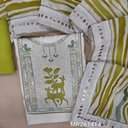 Half white base premium silk cotton unstitched salwar material, zari and thread embroidery on yoke, (lining needed)green spun cotton bottom,abstract printed soft silk cotton dupatta with foil work borders with lace tapping. MR261414