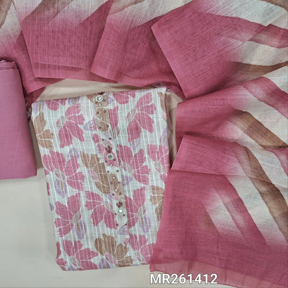 Half white jakard linen unstitched salwar material,zarodzi, french knot and mirror work on yoke, pastel shaded floral design all over,(lining needed)pink cotton bottom, Lehariya printed semi linen dupatta. MR261412