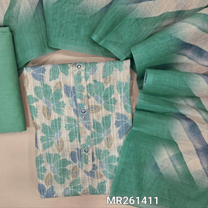 Half white jakard linen unstitched salwar material,zarodzi, french knot and mirror work on yoke, pastel shaded floral design all over,(lining needed)pastel blue cotton bottom, Lehariya printed semi linen dupatta. MR261411
