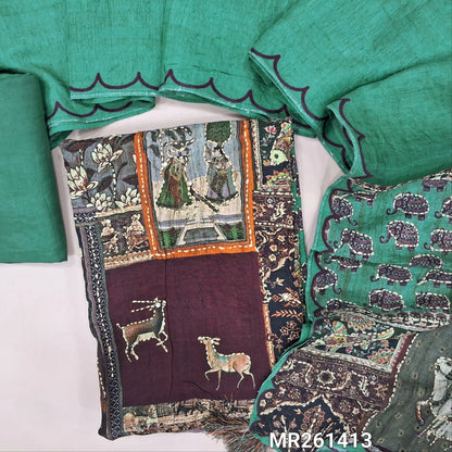 Multi color printed pure jakard dola silk unstitched salwar material, hand embroidered on front(lining needed)teal green santoon bottom, printed pure jakard dola silk dupatta with printed pallu. MR261413