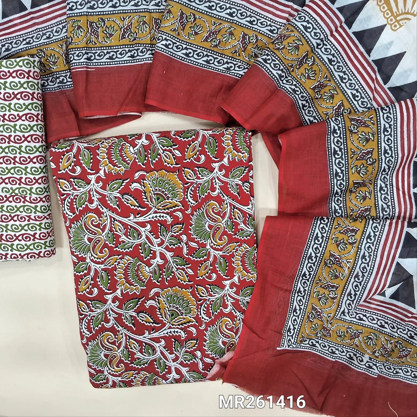Reddish maroon kalamkari printed pure cotton unstitched salwar material,(lining optional)printed cotton bottom, printed mul cotton dupatta. MR261416