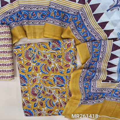 Mehandhi yellow kalamkari printed pure cotton unstitched salwar material,(lining optional)printed cotton bottom, printed mul cotton dupatta. MR261418