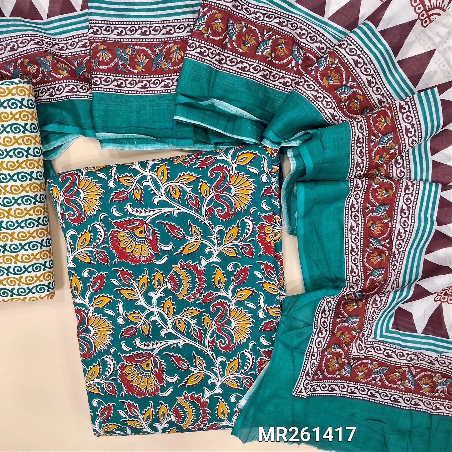 Dark teal blue kalamkari printed pure cotton unstitched salwar material,(lining optional)printed cotton bottom, printed mul cotton dupatta. MR261417