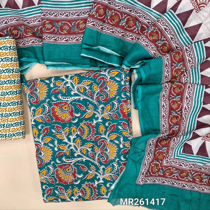 Dark teal blue kalamkari printed pure cotton unstitched salwar material,(lining optional)printed cotton bottom, printed mul cotton dupatta. MR261417