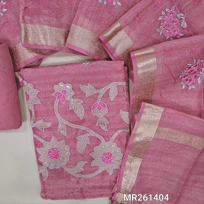 Pastel pink with golden tint tissue kota unstitched salwar material (lining needed) embroidery work on front, thread embroidery and applique work on daman ,matching santoon bottom, rich embroidery work on tissue kota dupatta with zari borders. MR261404
