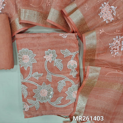 Pastel peach with golden tint tissue kota unstitched salwar material (lining needed) embroidery work on front, thread embroidery and applique work on daman ,matching santoon bottom, rich embroidery work on tissue kota dupatta with zari borders. MR261403