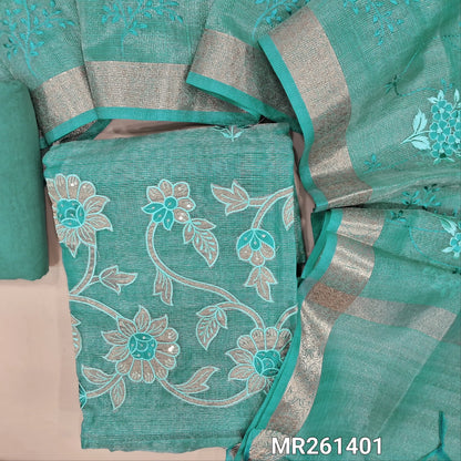 Pastel blue with golden tint tissue kota unstitched salwar material (lining needed) embroidery work on front, thread embroidery and applique work on daman ,matching santoon bottom, rich embroidery work on tissue kota dupatta with zari borders. MR261401