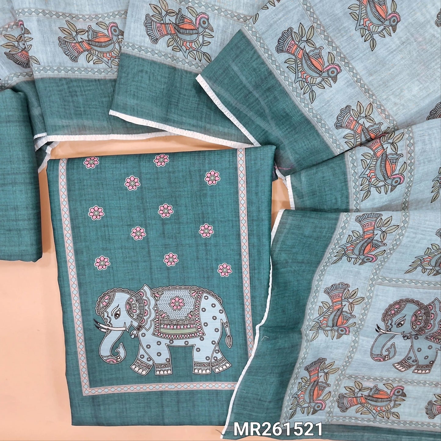 Dark teal blue fancy silk cotton unstitched salwar material,digital printed yoke,(lining needed)silk cotton bottom, digital printed silk cotton dupatta. MR261521