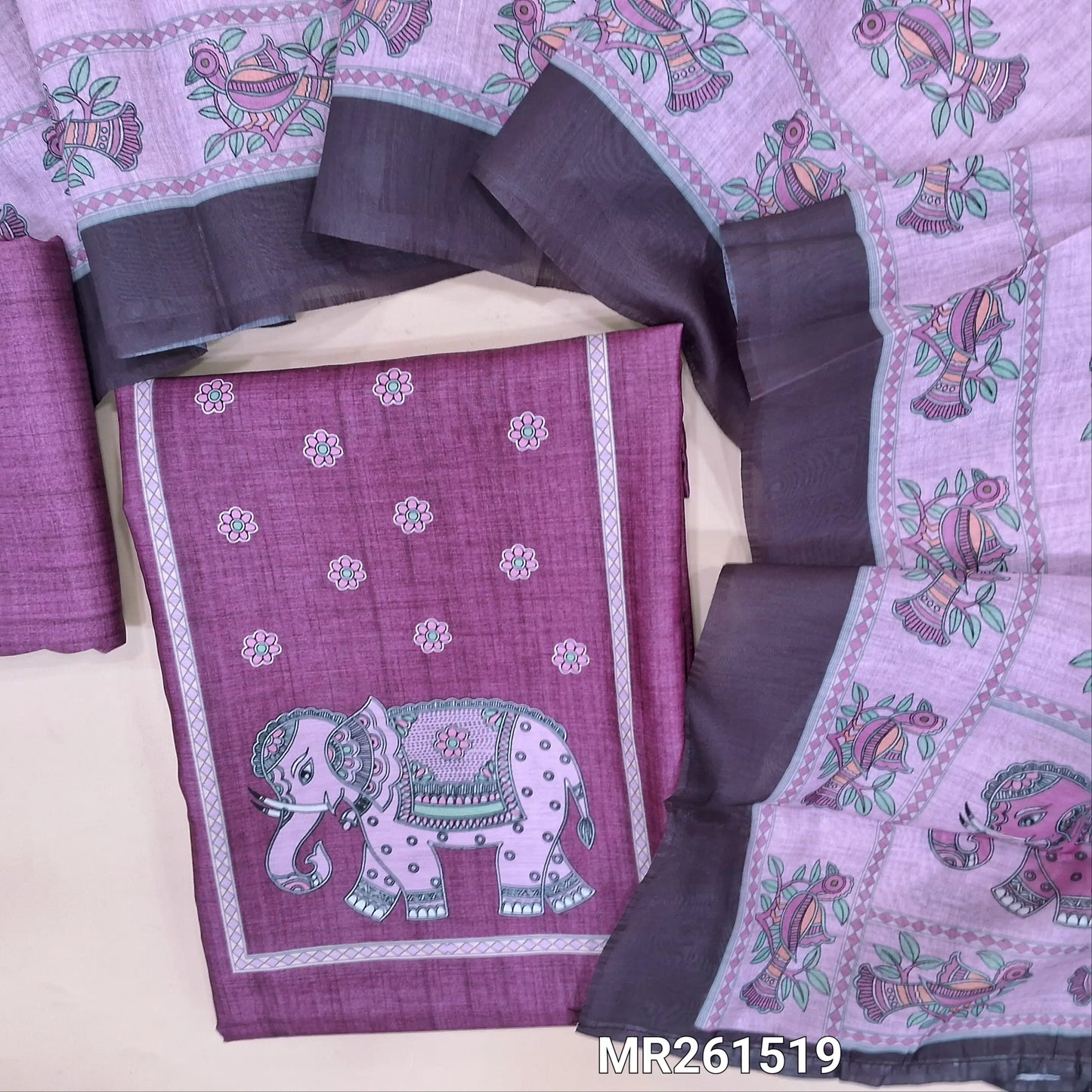Purple fancy silk cotton unstitched salwar material,digital printed yoke,(lining needed)silk cotton bottom, digital printed silk cotton dupatta. MR261519