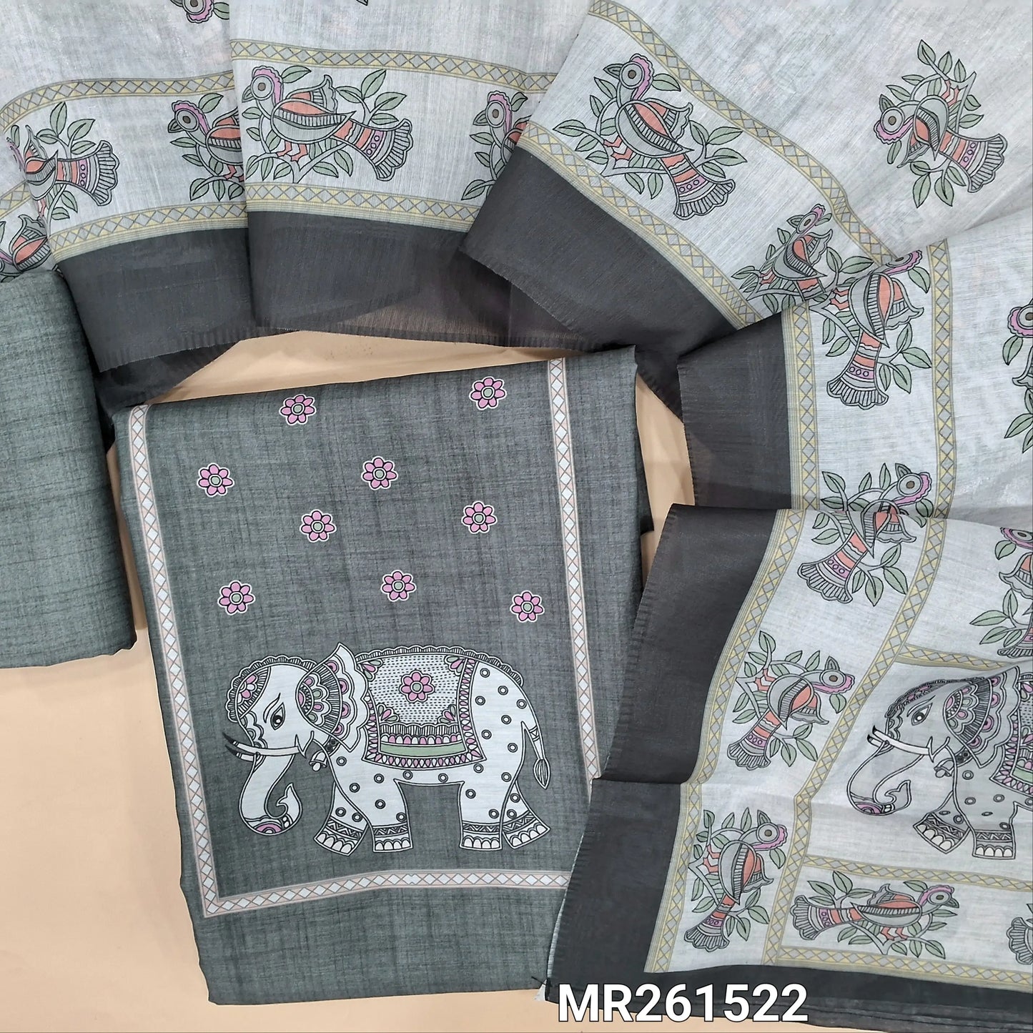 Grey fancy silk cotton unstitched salwar material,digital printed yoke,(lining needed)silk cotton bottom, digital printed silk cotton dupatta. MR261522
