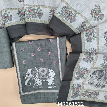 Grey fancy silk cotton unstitched salwar material,digital printed yoke,(lining needed)silk cotton bottom, digital printed silk cotton dupatta. MR261522