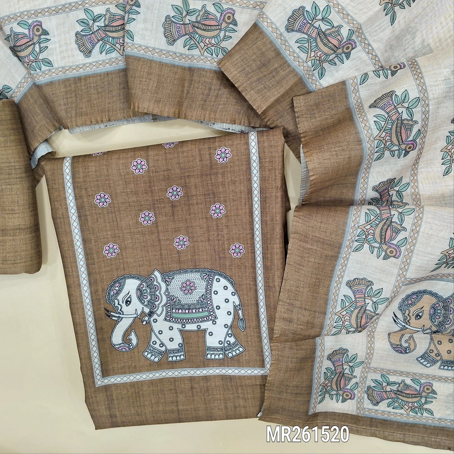 Light chocolate brown fancy silk cotton unstitched salwar material,digital printed yoke,(lining needed)silk cotton bottom, digital printed silk cotton dupatta. MR261520