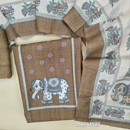 Light chocolate brown fancy silk cotton unstitched salwar material,digital printed yoke,(lining needed)silk cotton bottom, digital printed silk cotton dupatta. MR261520