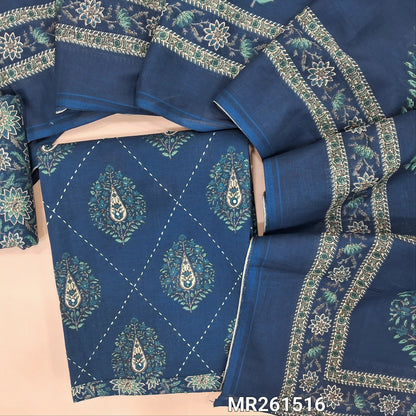 Dark blue premium cotton unstitched salwar material,printed and kantha stitch on front(lining optional)printed cotton bottom,printed full length cotton dupatta. MR261516