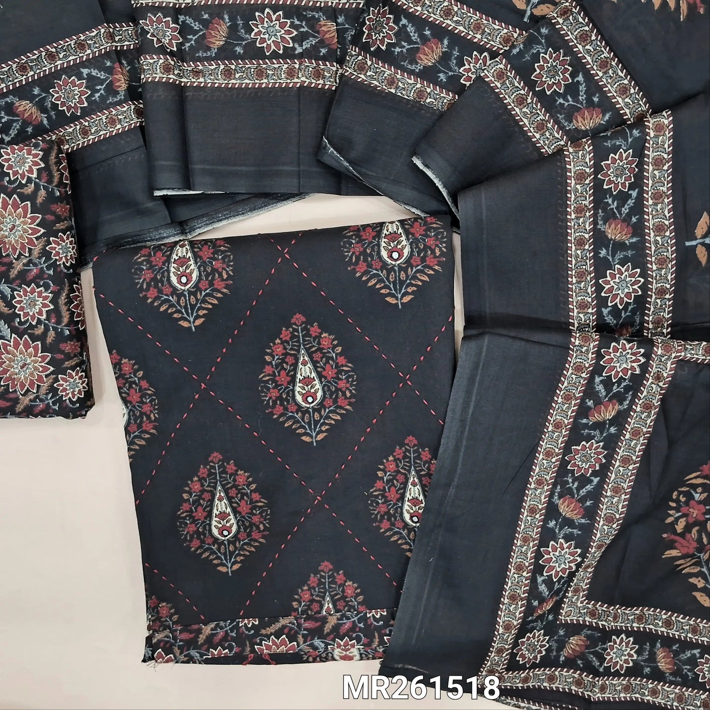 Black premium cotton unstitched salwar material,printed and kantha stitch on front(lining optional)printed cotton bottom,printed full length cotton dupatta. MR261518