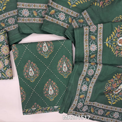 Dark green premium cotton unstitched salwar material,printed and kantha stitch on front(lining optional)printed cotton bottom,printed full length cotton dupatta. MR261517