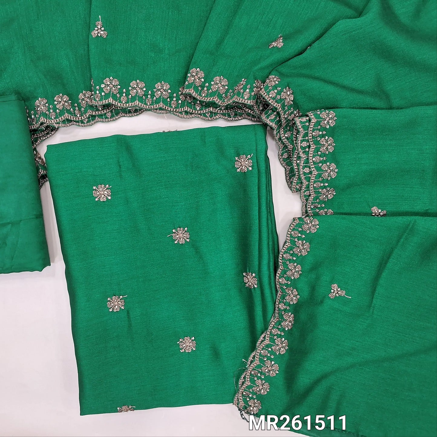 Bottle green fancy silk unstitched salwar material,zari and cut bead work on front, (Shiny, Lining Needed) matching silky bottom, zari and cut bead work on fancy silk dupatta with scallop edges. MR261511