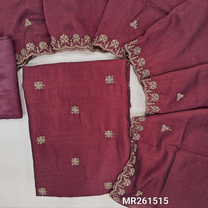 Maroon fancy silk unstitched salwar material,zari and cut bead work on front, (Shiny, Lining Needed) matching silky bottom, zari and cut bead work on fancy silk dupatta with scallop edges. MR261515
