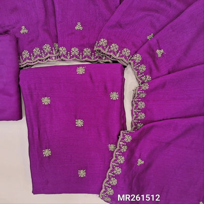 Purple fancy silk unstitched salwar material,zari and cut bead work on front, (Shiny, Lining Needed) matching silky bottom, zari and cut bead work on fancy silk dupatta with scallop edges. MR261512
