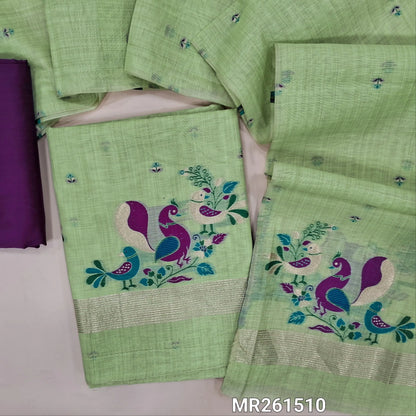 Pastel green jamdani woven silk cotton unstitched salwar material,weaving on front,bird jamdani woven on daman, (lining needed)purple spun cotton bottom, jamdani woven silk cotton dupatta.(TAPPING NEEDED). MR261510