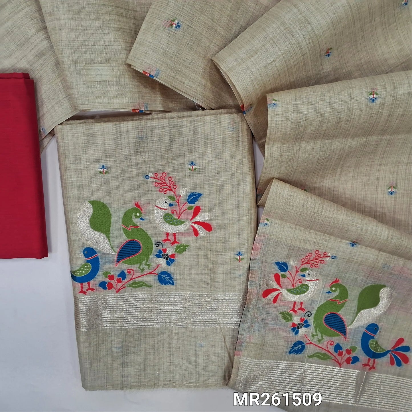 Rich beige jamdani woven silk cotton unstitched salwar material,weaving on front,bird jamdani woven on daman, (lining needed)reddish maroon silk cotton bottom, jamdani woven silk cotton dupatta.(TAPPING NEEDED). MR261509