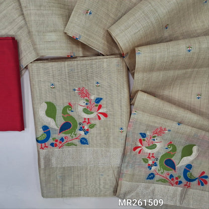 Rich beige jamdani woven silk cotton unstitched salwar material,weaving on front,bird jamdani woven on daman, (lining needed)reddish maroon silk cotton bottom, jamdani woven silk cotton dupatta.(TAPPING NEEDED). MR261509