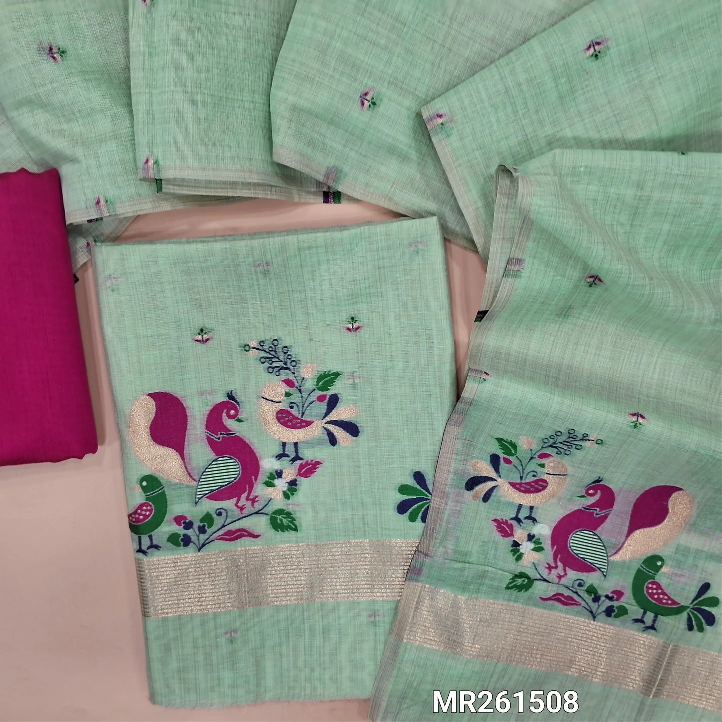 Sea Green jamdani woven silk cotton unstitched salwar material,weaving on front,bird jamdani woven on daman, (lining needed)pink silk cotton bottom, jamdani woven silk cotton dupatta.(TAPPING NEEDED). MR261508