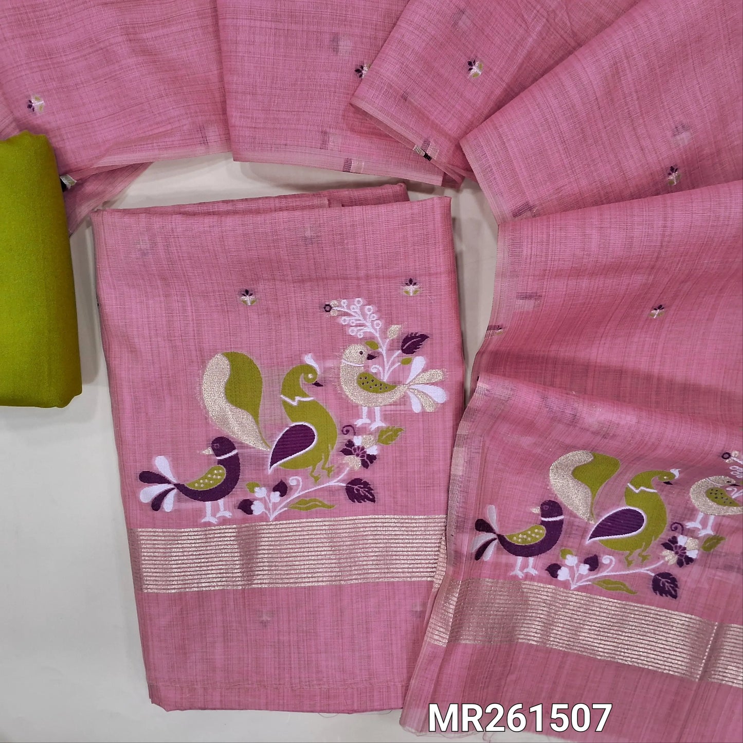 Pastel pink jamdani woven silk cotton unstitched salwar material,weaving on front,bird jamdani woven on daman, (lining needed)green spun cotton bottom, jamdani woven silk cotton dupatta.(TAPPING NEEDED). MR261507