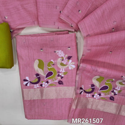 Pastel pink jamdani woven silk cotton unstitched salwar material,weaving on front,bird jamdani woven on daman, (lining needed)green spun cotton bottom, jamdani woven silk cotton dupatta.(TAPPING NEEDED). MR261507