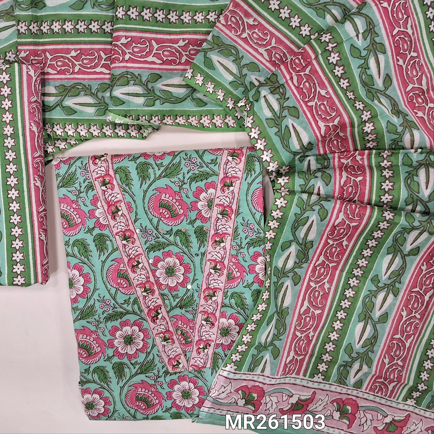 Pastel blue floral printed pure cotton unstitched salwar material,v neck with kantha stitch and sequins work on yoke,(lining optional) printed cotton bottom, printed full length cotton dupatta. MR261503