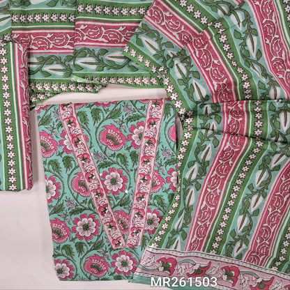 Pastel blue floral printed pure cotton unstitched salwar material,v neck with kantha stitch and sequins work on yoke,(lining optional) printed cotton bottom, printed full length cotton dupatta. MR261503