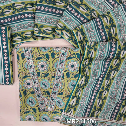 Pastel green floral printed pure cotton unstitched salwar material,v neck with kantha stitch and sequins work on yoke,(lining optional) printed cotton bottom, printed full length cotton dupatta. MR261506