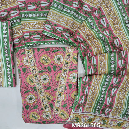 Pastel pink floral printed pure cotton unstitched salwar material,v neck with kantha stitch and sequins work on yoke,(lining optional) printed cotton bottom, printed full length cotton dupatta. MR261505