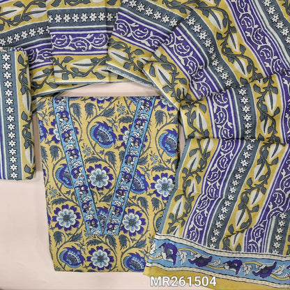 Pastel yellow floral printed pure cotton unstitched salwar material,v neck with kantha stitch and sequins work on yoke,(lining optional) printed cotton bottom, printed full length cotton dupatta. MR261504