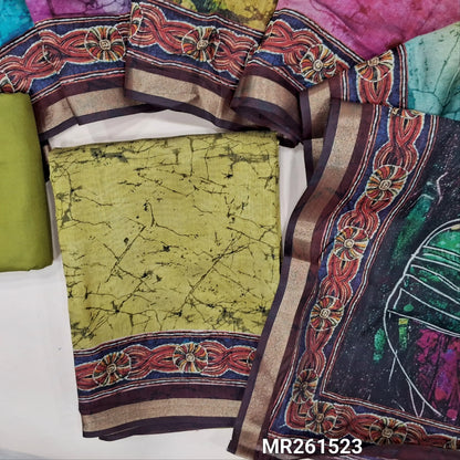 Mehandhi green abstract printed premium silk cotton unstitched salwar material, tissue daman border,(lining needed)spun cotton bottom,digital printed multicoloured silk cotton dupatta with tissue borders. MR261523