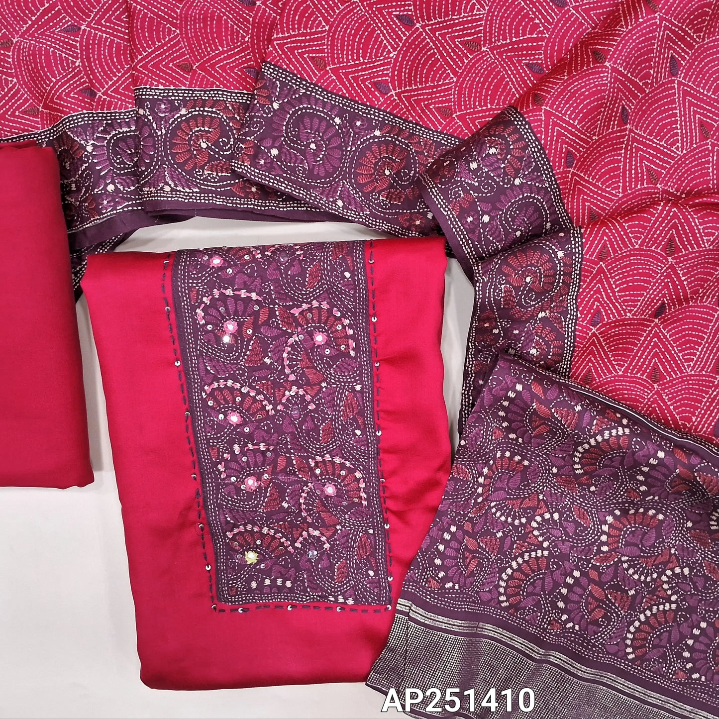 Dark pink premium modal cotton unstitched salwar material, printed yoke with mirror& sequins work(soft, lining needed)matching spun cotton bottom, printed modal cotton short width dupatta. Code AP251410