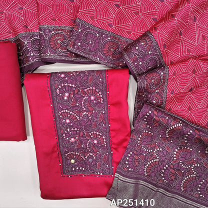 Dark pink premium modal cotton unstitched salwar material, printed yoke with mirror& sequins work(soft, lining needed)matching spun cotton bottom, printed modal cotton short width dupatta. Code AP251410