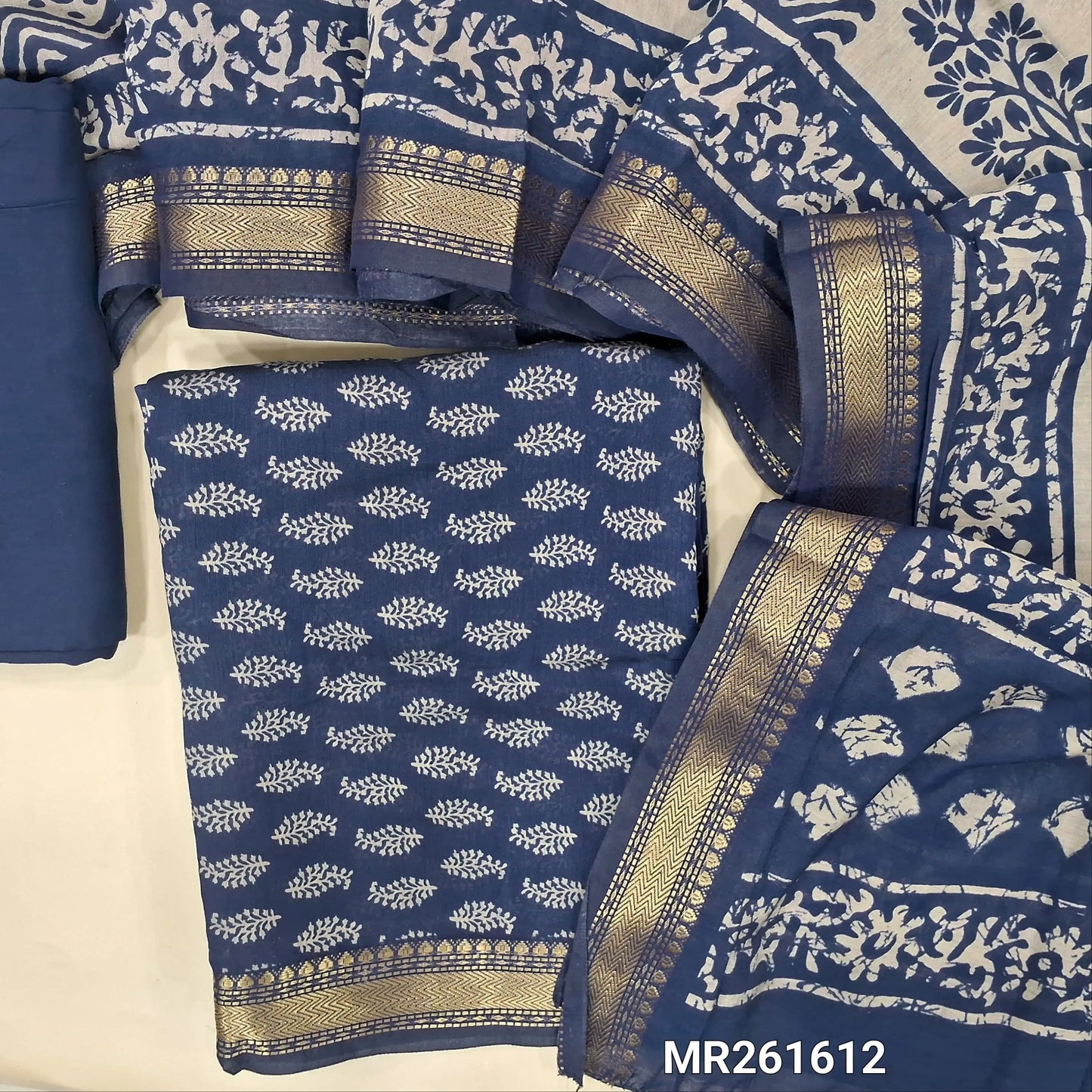 Dark blue Printed soft silk cotton unstitched salwar material (lining needed) nizam borders on daman, matching spun cotton bottom, printed full length silk cotton dupatta with borders. MR261612