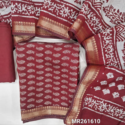 Dark maroon Printed soft silk cotton unstitched salwar material (lining needed) nizam borders on daman, matching spun cotton bottom, printed full length silk cotton dupatta with borders. MR261610
