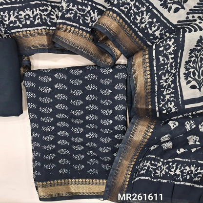 Black Printed soft silk cotton unstitched salwar material (lining needed) nizam borders on daman, matching spun cotton bottom, printed full length silk cotton dupatta with borders. MR261611