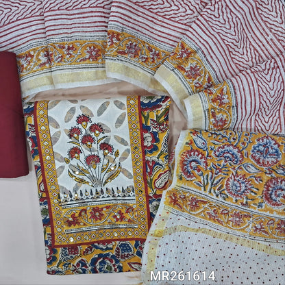 Yellow floral printed pure cotton unstitched salwar material,faux mirror,applique work and hand block prints on yoke(lining optional)maroon cotton bottom, hand block printed kota cotton dupatta with zari borders. MR261614