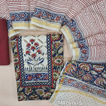 Blue  floral printed pure cotton unstitched salwar material,faux mirror,applique work and hand block prints on yoke(lining optional)maroon cotton bottom, hand block printed kota cotton dupatta with zari borders. MR261615