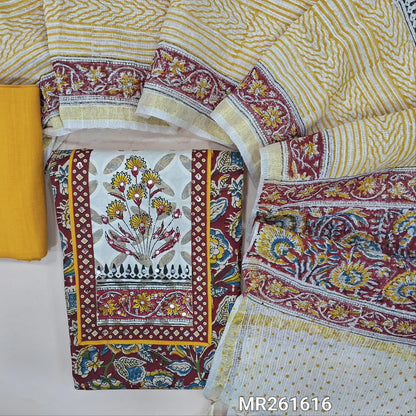 Reddish maroon floral printed pure cotton unstitched salwar material,faux mirror,applique work and hand block prints on yoke(lining optional)mehandhi yellow cotton bottom, hand block printed kota cotton dupatta with zari borders. MR261616