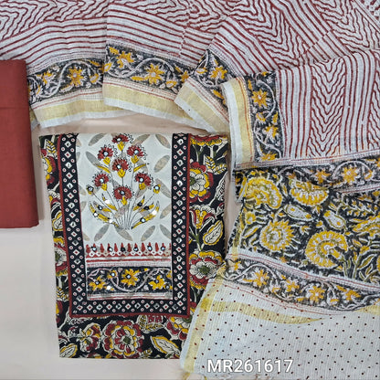 Black floral printed pure cotton unstitched salwar material,faux mirror,applique work and hand block prints on yoke(lining optional)maroon  cotton bottom, hand block printed kota cotton dupatta with zari borders. MR261617
